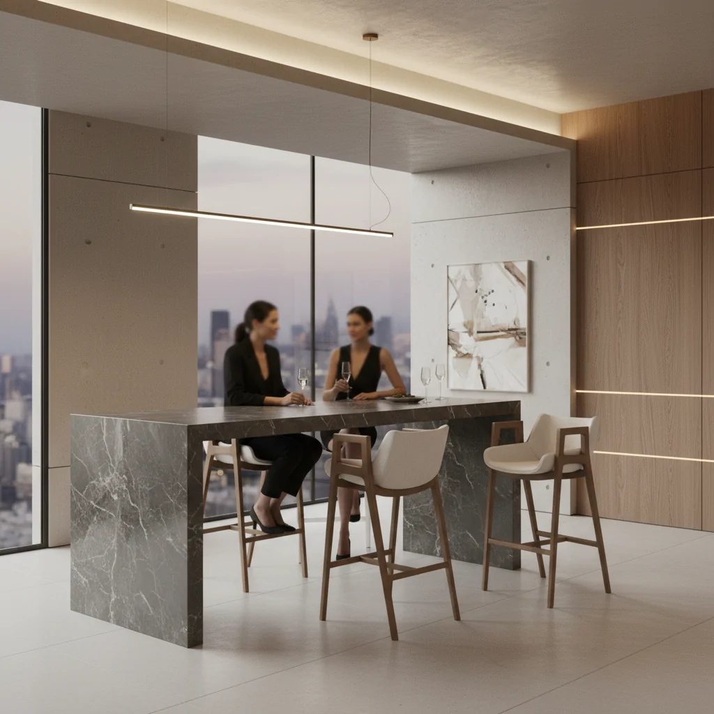 Banqueta Gris Madeira: Elegância e Conforto Orgânico para Ambientes de Alto Padrão