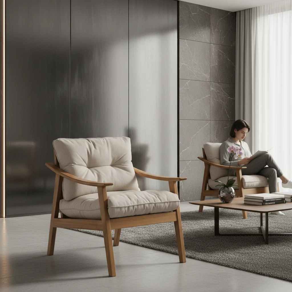 Poltrona Olli Madeira: Elegância Natural e Conforto para Ambientes de Alto Padrão